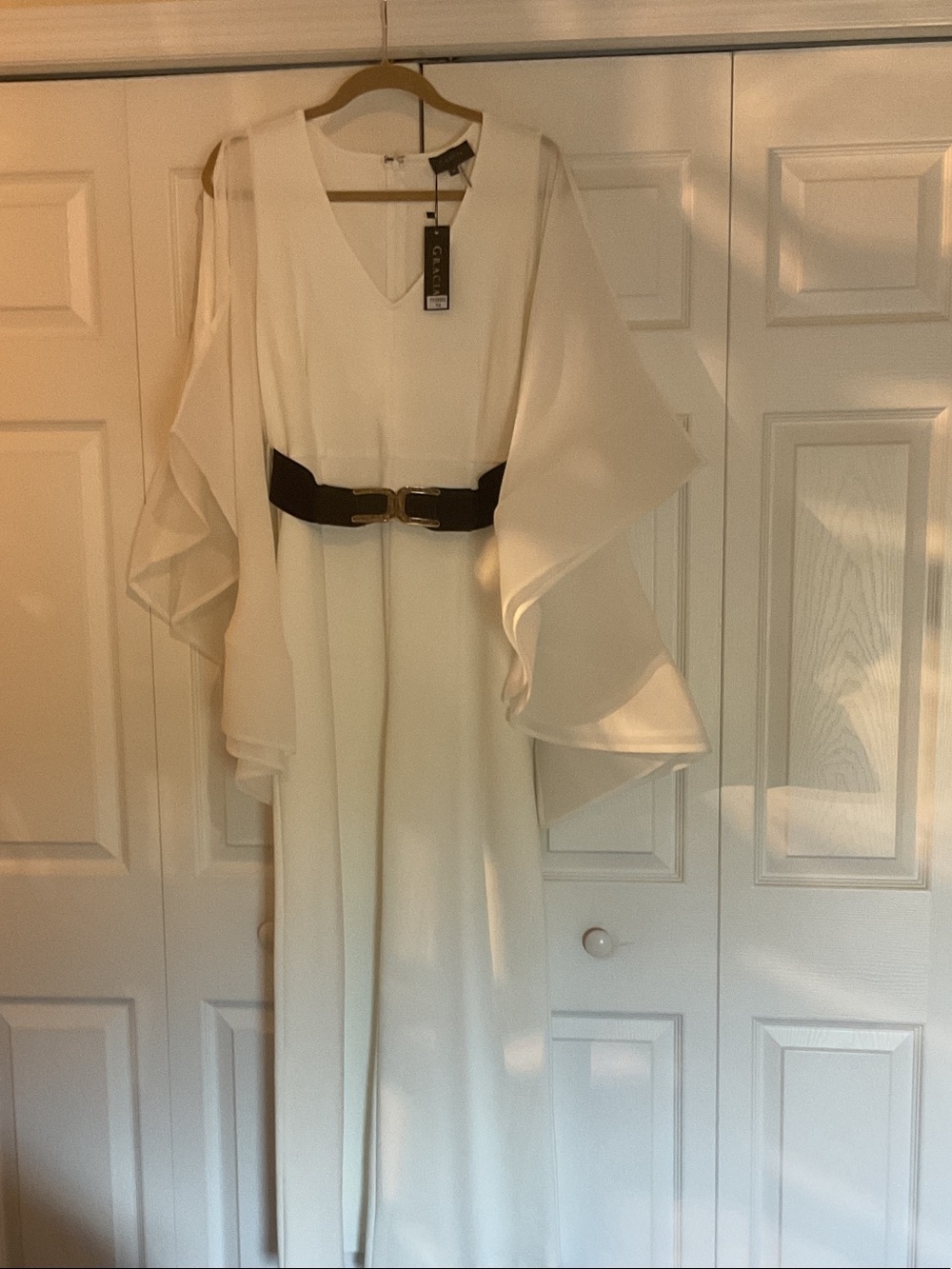 Gracia Ivory Wide-Leg Jumpsuit with Black Belt